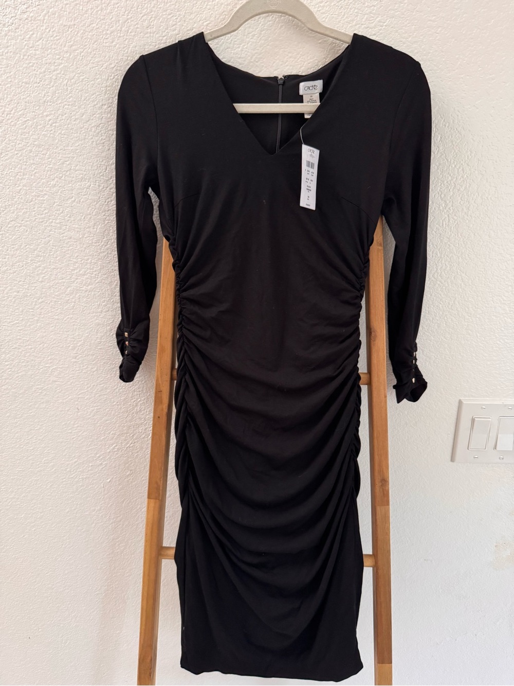 NWT Cache Vintage Black Ruched V-Neck Midi Dress W/ Gold Studs on Sleeve Y2K XS